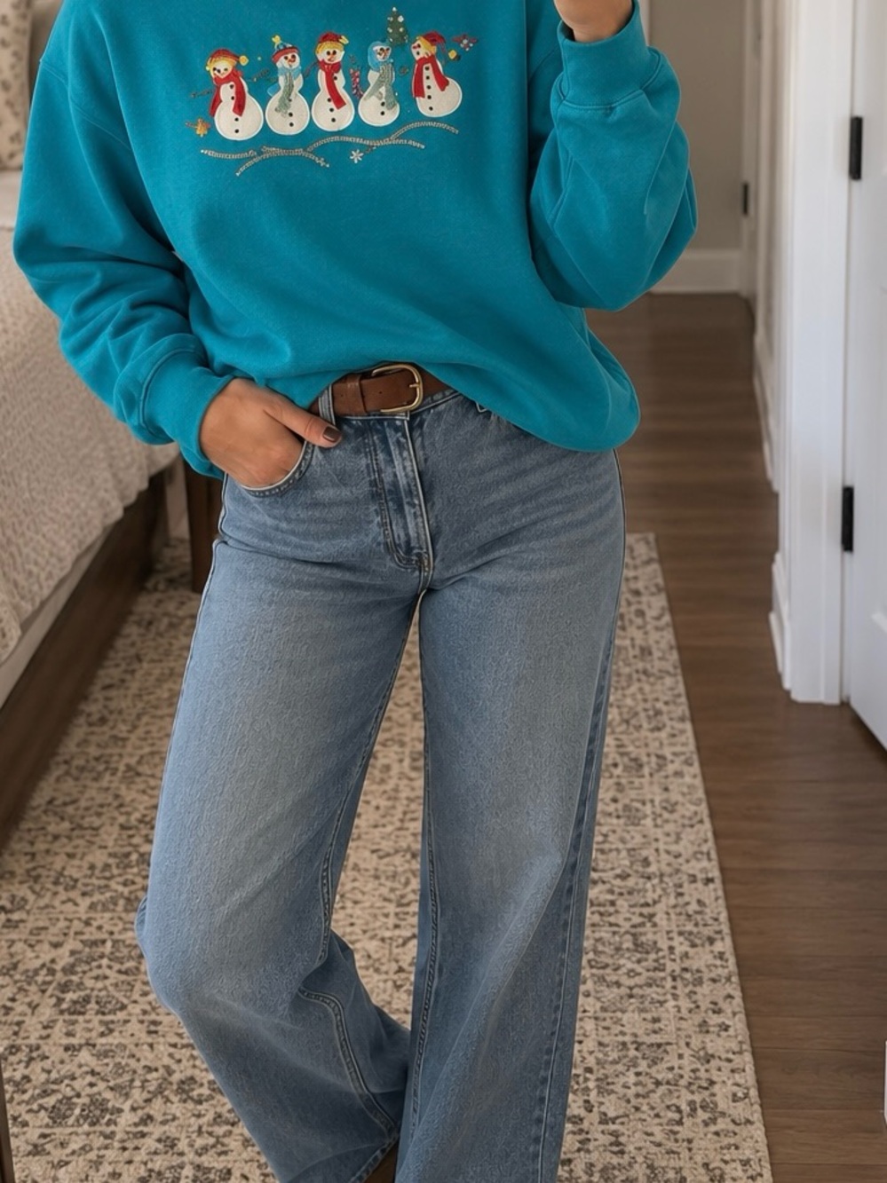Vintage Snowman Christmas Sweatshirt XL Teal